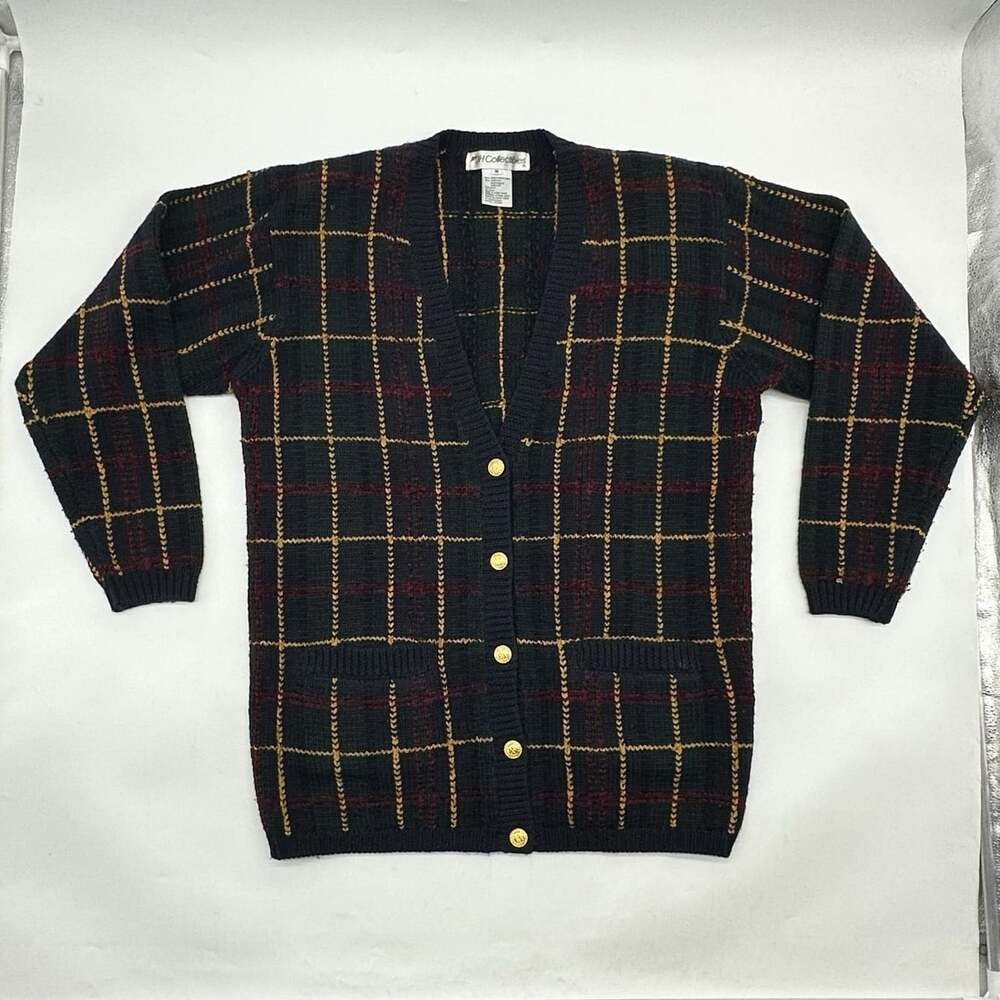 Vintage 80s JH Collectibles Size Medium Tartan Plaid Wool Blend Cardigan Sweater